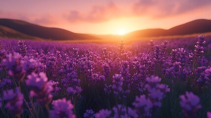 A breathtaking panorama of a lavender field at sunset. Rows of vibrant purple lavender bushes stretch towards the horizon, bathed in the warm glow of the setting sun