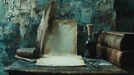 Old writing desk with quill and inkpot in a rustic setting