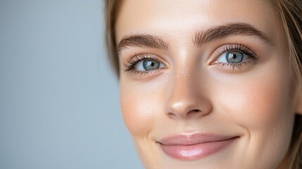 Fototapeta premium Close up portrait of a young woman with light brown eyebrows, blue eyes, and a subtle smile against a gray background. Her skin has a healthy glow, and she appears happy and confident.