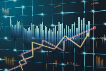 Business candle stick graph chart of stock market investment trading on blue background. Bullish point, powered customer service dashboard with sentiment analysis graphs, optimizing customer support,
