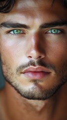 Portrait of a young man with striking green eyes and a chiseled jawline, expertly captured during a natural light session in a soft-focus background