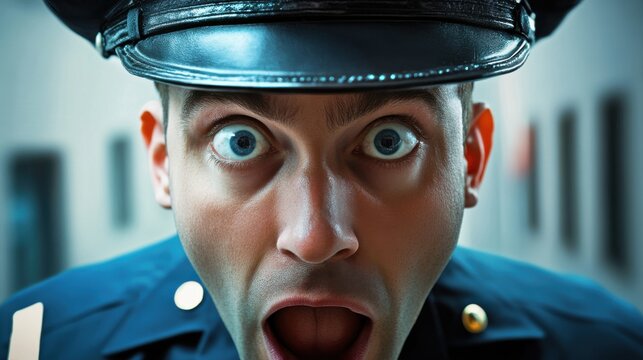 Shocked police officer displaying surprise in an urban setting during daytime, wearing a uniform and cap while engaging with the public