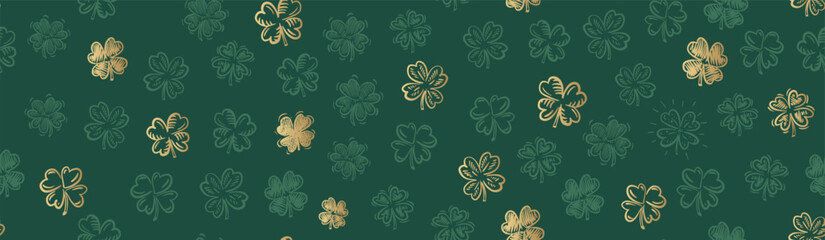 Gold Clover pattern on green, Saint Patricks Day, hand drawn illustrations.