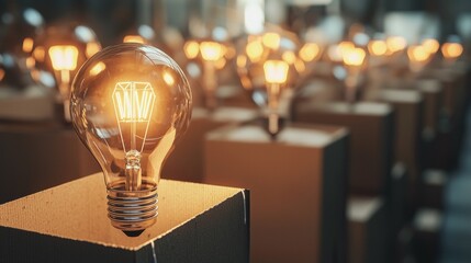 Illuminated vintage bulb glowing in a row of light fixtures