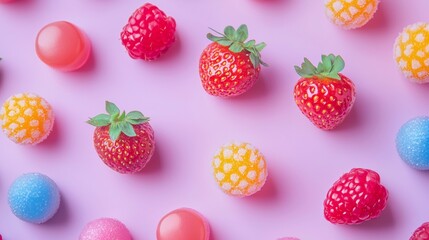 Assorted colorful berries on a pastel pink background
