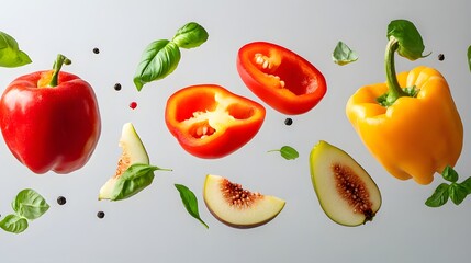 Naklejka premium Sliced ​​Bell Pepper Floating with Water Drops, White Background, Abstract Image, Texture, Pattern Background, Wallpaper, Cover and Screen of Smartphone, PC, Laptop, 9:16 and 16:9 Format