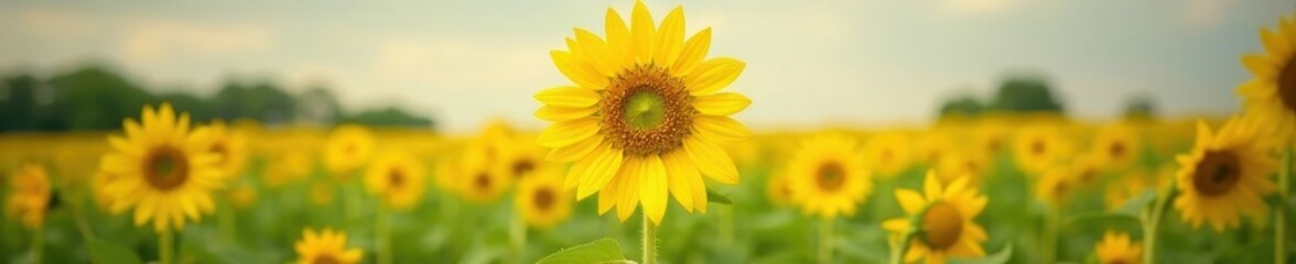Fototapeta premium Tall sunflower facing straight with bright yellow petals, blossoms, bloom