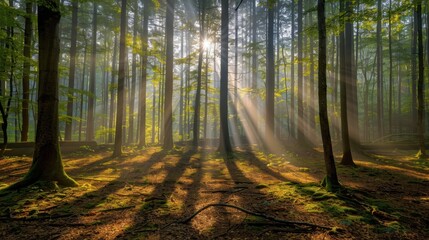 Fototapeta premium A serene forest scene with sunlight streaming through the tree canopy, highlighting the natural landscape of plants and grass