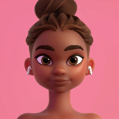 a girl with white earbuds, set against a pink background, representing modern tech and youthful charm.