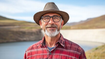 Smiling mature man with gray beard and glasses wearing a red plaid shirt and straw hat stands outdoors near a lake and dam. Bright sunlight illuminates his face. The background is slightly blurred.