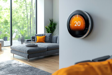 Modern living room with smart thermostat displaying 20 degrees Celsius and large windows overlooking a green garden