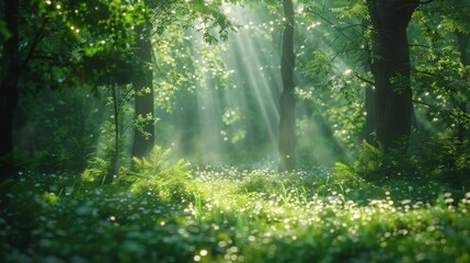 Fototapeta premium A serene forest scene with sunlight streaming through the tree canopy, highlighting the natural landscape of plants and grass