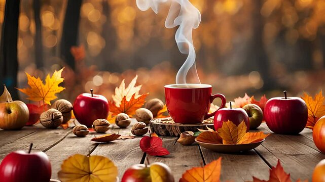Cozy Autumn Scene with a Steaming Cup of Coffee, Red Apples, Nuts, and Colorful Fall Leaves on a Wooden Table

