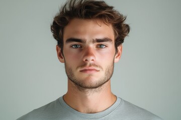 Obraz premium Young man with a serious expression posing against a neutral background in a casual grey t-shirt during indoor lighting conditions
