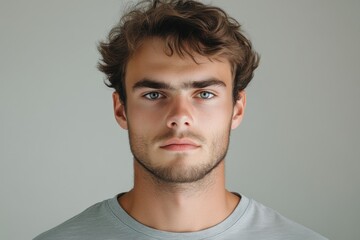 Fototapeta premium Young man with expressive blue eyes and tousled hair poses against a plain background with a serious expression, showcasing natural beauty and confidence
