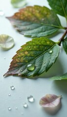 Water droplets and wet leaves on a white surface, gentle, atmosphere