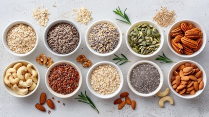 A flat lay of different types of nuts and seeds, arranged on a white table. Healthy snacks, perfect for adding crunch to meals