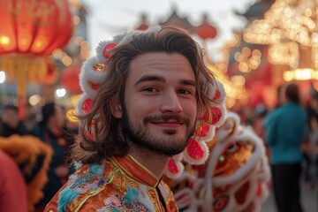 Obraz premium Man in traditional chinese costume enjoying the lively atmosphere of a lantern festival during Chinese New Year celebrations.