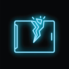 Neon sign is glowing blue against a black background, depicting a smartphone with a cracked screen