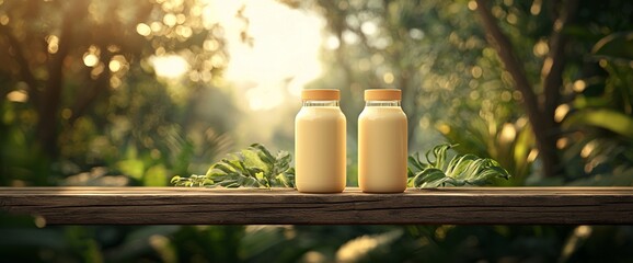 Two milk bottles on wooden rail, sunlight, lush garden.  Healthy drink ad