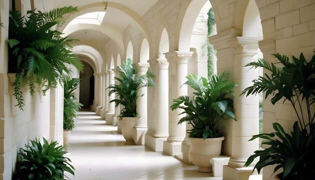 Un largo pasillo arqueado con paredes y columnas de piedra blanca, bordeado de plantas en macetas y vegetaci&oacute;n a ambos lados, creando una atm&oacute;sfera exuberante y natural