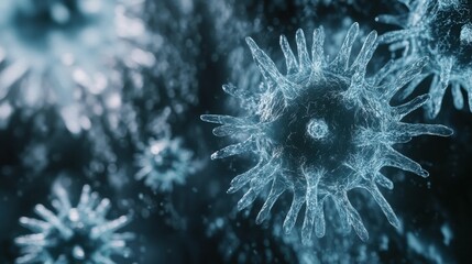 Fototapeta premium Microscopic view of respiratory virus infection causing serious lung disease in 3d medical representation. Generative AI