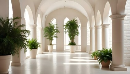Un largo pasillo arqueado con paredes y columnas de piedra blanca, bordeado de plantas en macetas y vegetación a ambos lados, creando una atmósfera exuberante y natural