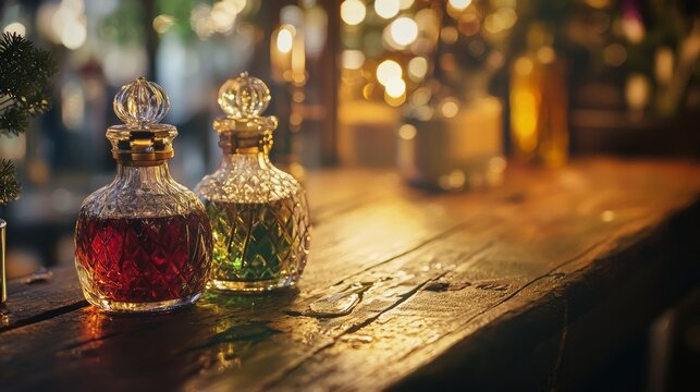 Vintage perfume bottles on rustic wooden table