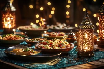 Cuisine served at a nighttime dinner party with glowing candles on tables.
