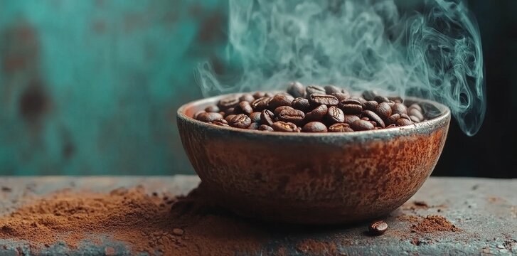 From a steaming, aromatic cup of coffee, vapor rises; a full-field shot exemplifies the ideal froth and scattered coffee beans