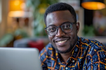 Attractive African man with stylish beard and glasses enjoys online shopping from the convenience of his home