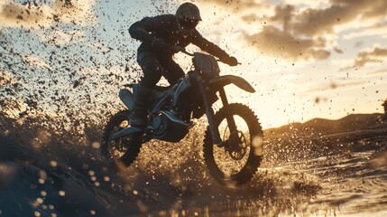 Rider performs thrilling motocross stunt in water at sunset