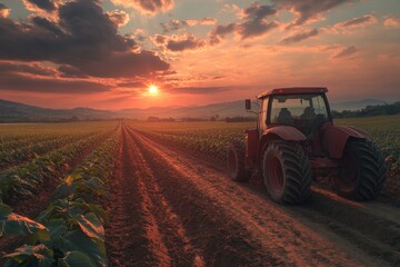 Fototapeta premium Breathtakingly, the sunset's golden light transforms a vast yam harvest into a panoramic spectacle