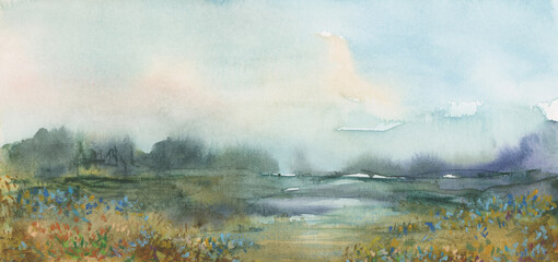 Ink watercolor, pastel hand drawn smoke flow stain blot nature landscape on wet paper texture...