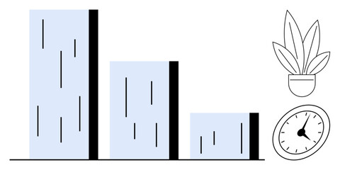 Bar chart with three ascending bars, potted plant, and clock. Ideal for business growth, progress tracking, time management, productivity, sustainability, workplace environment strategic planning