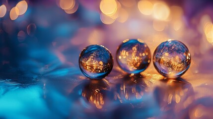 Crystal spheres reflecting colorful lights on a reflective surface