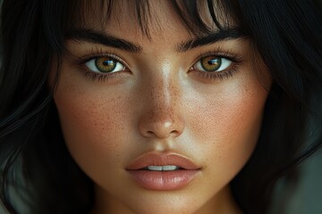 Fototapeta premium Close-up portrait of a young woman with captivating green-brown eyes and natural freckles, showcasing her flawless skin and expressive features in soft lighting during golden hour