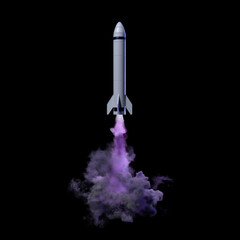 Fototapeta premium A futuristic rocket blasting off into space, leaving a trail of vibrant purple smoke against a black background, symbolizing exploration and innovation.
