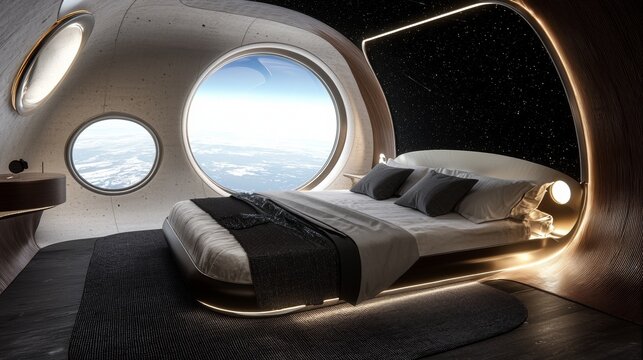 Unique futuristic bedroom design featuring round windows and a stunning view of the cosmos in a tranquil setting