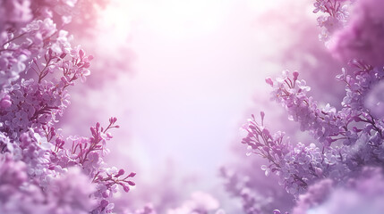 Fototapeta premium Beautiful spring background frame of blooming lilac branches, flowers, in the center a place for text