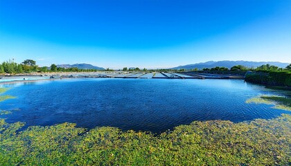Imagine a day at an aquaculture farm with a large pond and various water plants. Highlight the interactions between fish and plants