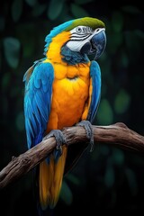 Obraz premium Bright macaw perched on a branch in a lush tropical environment showcasing vibrant colors and characteristic features, captured during the daylight hours