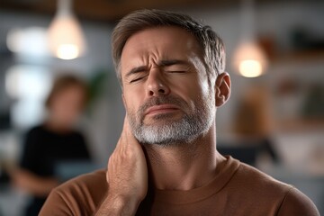 Man experiencing discomfort while touching his jaw in a modern indoor setting with blurred background