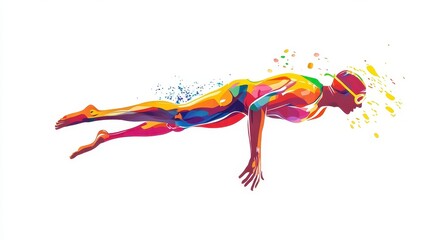 Obraz premium Colorful Abstract Swimmer in Dynamic Pose with Splashing Paint Effects