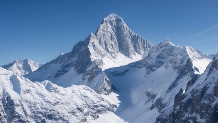 landscape photograph of a mountain range. The mountains are covered in snow and the sky is clear and blue. In the center of the image, there is a large