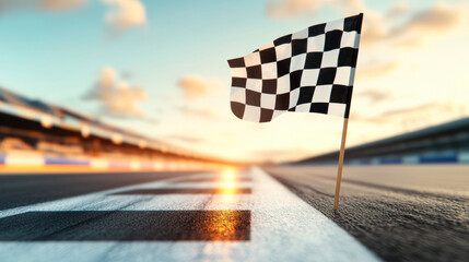 Waving Checkered Finish Flag at Racing Road During Beautiful Sunset