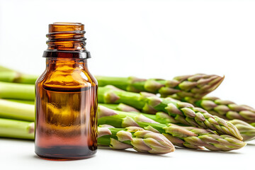 Amber bottle with fresh asparagus on white background.