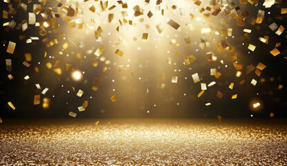 golden confetti rain on festive stage with light beam in the middle, empty room at night mockup with copy space for award ceremony, jubilee, New Year's party or product presentations