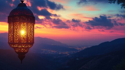 Fototapeta premium Ramadan Kareem: The twilight is illuminated by a warm lantern's magical, festive glow