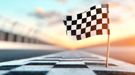 Waving Checkered Finish Flag at Sunset on Racing Road Marking the End of the Race